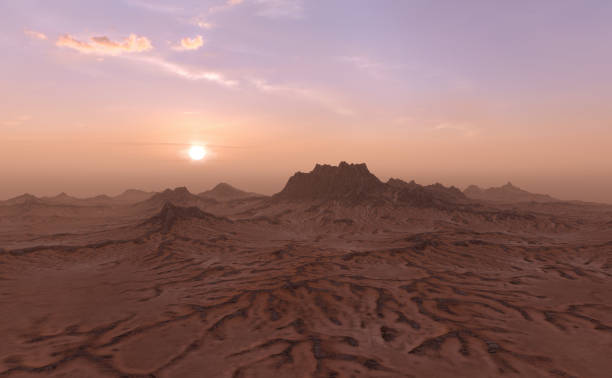 istock Landscape with rock formations and sand at sunrise. 3D render. 1403266210