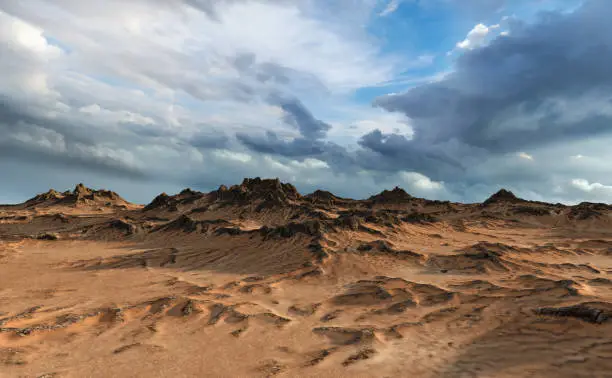 Landscape with rock formations and sand under a blue cloudy sky. 3D render.