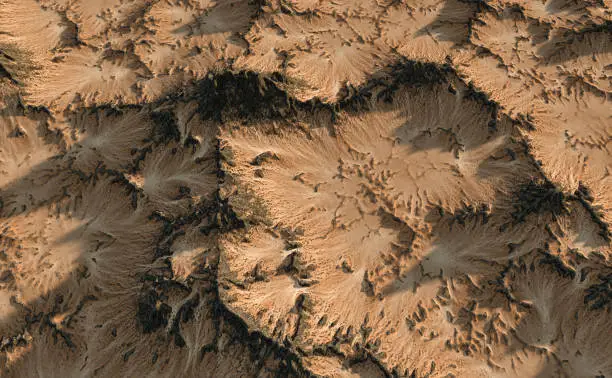Aerial of rock formations in a sandy desert. 3D render.