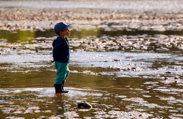 istock Little boy standing in shallow water by river bank 1403266783