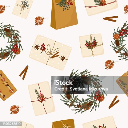 istock Trendy seamless pattern of gift boxes from kraft paper. Eco packing of Christmas and New Year gifts with natural materials. background for textile design, digital paper, wrappers. Hand drawn veсtor 1403267610