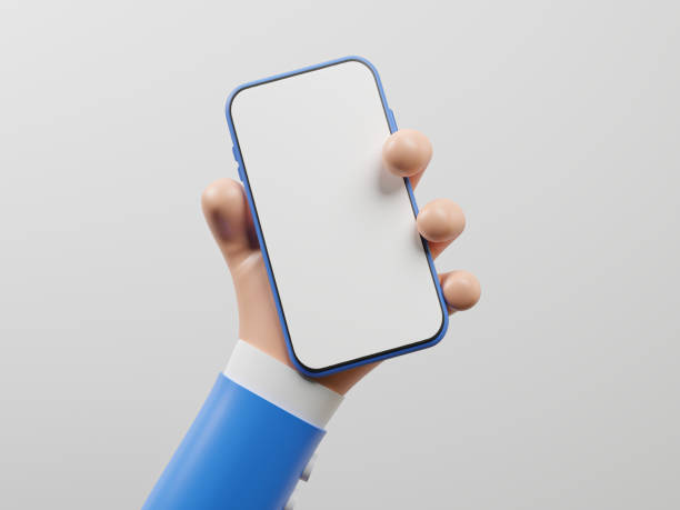 istock Businessman holding telephone which blank screen frame template on white background for smartphone mockup and technology concept by 3d render illustration. 1403268889