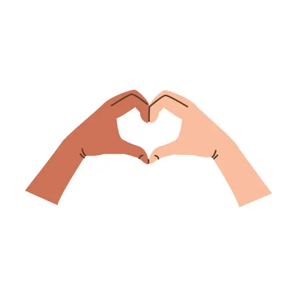 Vector illustration of Diverse people arms with heart-shaped hand gesture. Solidarity, support concept. Expressing love with hands, making heart shape sign from fingers. Vector flat style illustration isolated on white.