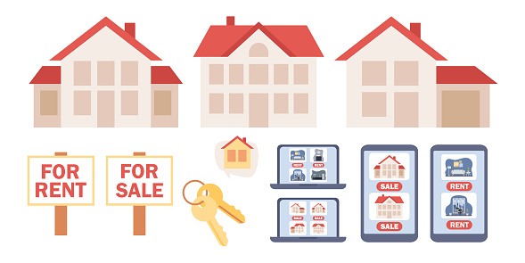 Real estate services icon set. House for sale, house for rent, residential real estate market, rental ads. Vector