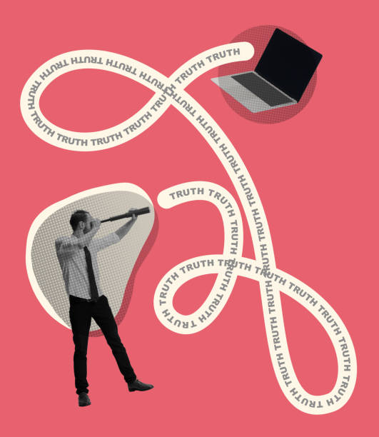 istock Contemporary art collage. Conceptual image with man looking in a spyglass, searching correct, true information isolated over pink background 1403272104
