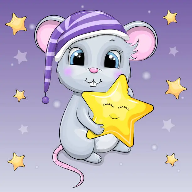 Vector illustration of A cute cartoon mouse in a purple nightcap is holding a star.