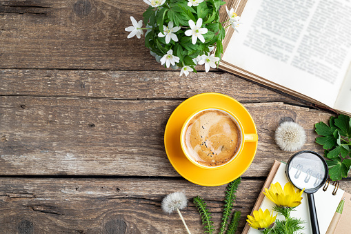 Yellow coffee cup, open old book, bouquet of flowers, notebook, glasses and magnifier on old wooden background. Office desk table. Reading, work, study, educations concept. Top view