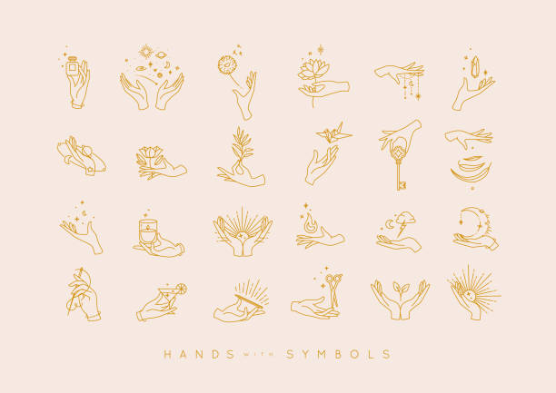 Set of hands with symbols Hands in different positions with symbols and elements moon, sun, flowers, perfume, fire, cocktail, origami, key, stone, leaf, drawing in line style on light background. superheld stock illustrations