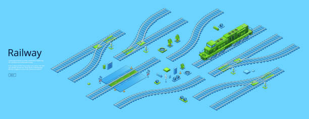 Isometric locomotive, railway, rail track elements Railway banner with isometric locomotive and rail track elements. Vector poster of path for trains, subway and tram, train road with switch, crossing, signal railway signal stock illustrations