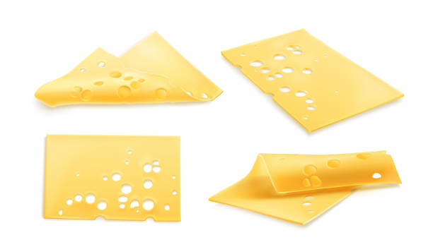 Cheese slices 3d realistic vector illustration Cheese 3d realistic vector illustration. Thin square slices of cheez, cheddar with holes, holland or swiss food, set icons isolated on white background swiss cheese slice stock illustrations