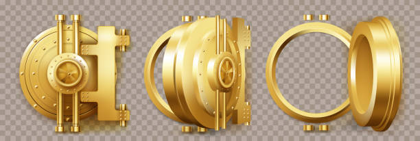 Gold safe door, round bank vault gate with lock Gold safe door, round bank vault gate with lock. Vector realistic set of 3d closed and open circle golden door to bunker or bank safe isolated on transparent background safes and vaults stock illustrations