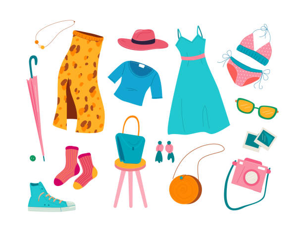 ilustrações de stock, clip art, desenhos animados e ícones de summer wardrobe for women - flat design style elements - earring multi colored shoe jewelry