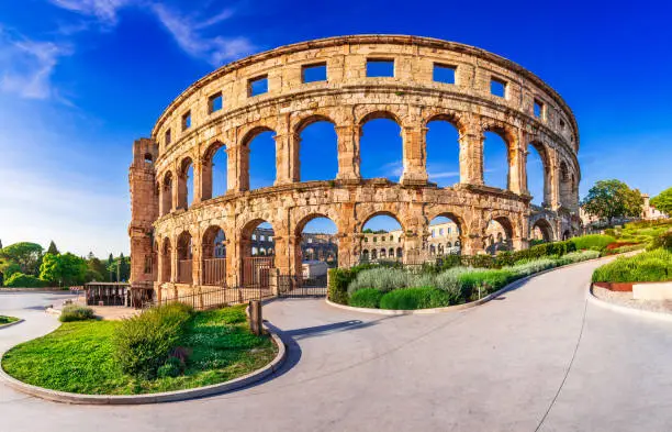 Pula, Croatia. Summer scenic view of ancient ruins Roman Amphitheatre in Pula, Istria croatian region.