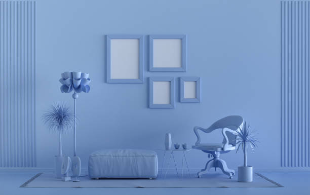 istock Interior room in plain monochrome blue, 4 frames monochromefurniture and plants, Gallery wall 1403277226