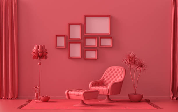 istock Mock-up poster gallery wall with 7 frames in solid pastel dark red, maroon room 1403277392