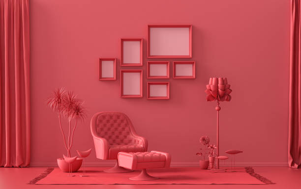 istock Mock-up poster gallery wall with 7 frames in solid pastel dark red, maroon room 1403277499