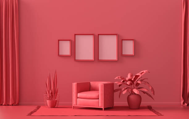istock Interior room in plain monochrome red, 4 frames and plants, Gallery wall 1403277613