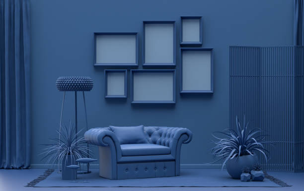 istock Wall mockup with six frames in solid flat pastel dark blue color, monochrome interior 1403277676