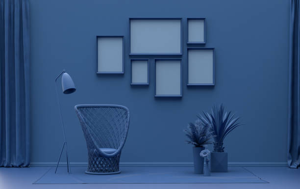istock Poster frame background room in flat dark blue color with 6 frames, poster frame mock-up 1403278282