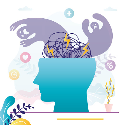 All thoughts in person head are confused. Man suffering from fears and phobias. Concept of mental illness and psychological problems. Human experiencing bad headache due to stress. Vector illustration