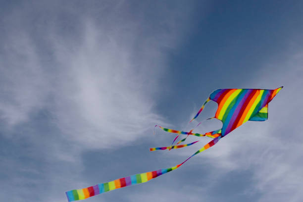istock Colorful blue sky with white fluffy clouds and a flying colored kite 1403280413