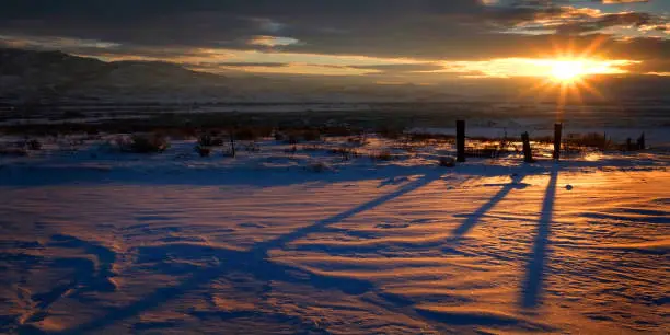 Sunrise or sunset sunlight on fenceposts casting shadows across the snow covered ground