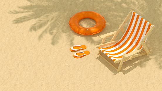 Beach and palm tree shadow summer holiday travel background, 3d render.