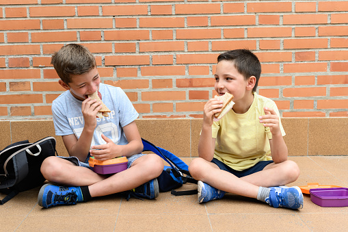 Two school children happily eating a sandwich during school recess.
