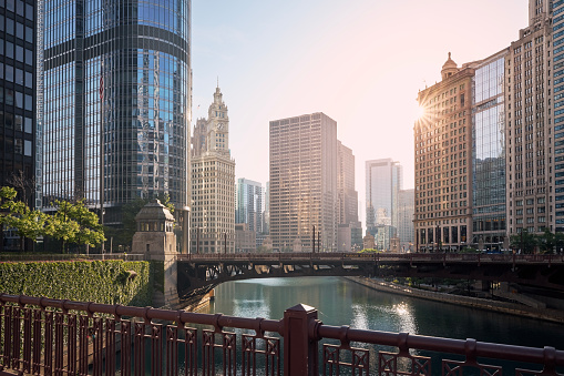 Bridges over Chicago River amidst skyscrapers. Urban skyline at beautiful sunrise. 