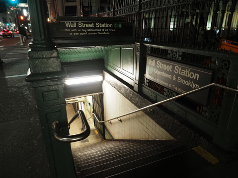 New York, USA - June 21, 2019: Entrance to the Wall Street subway station.