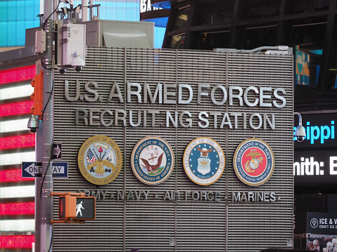 New York, USA - June 21, 2019: Image of the US armed forces recruiting station on Times Square.
