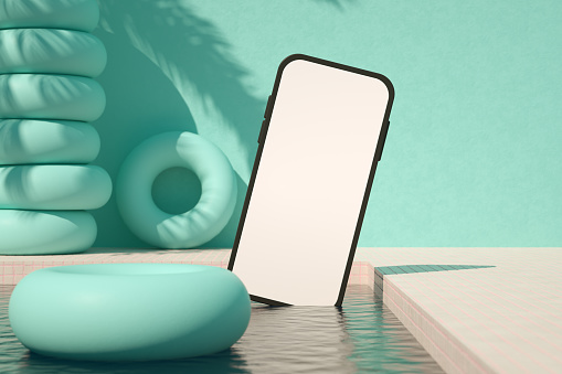 Blank screen smart phone and swimming pool summer holiday travel background palm tree shadow, 3d render.