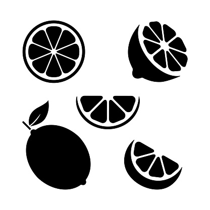 Lemon slice shape set. Lime black symbol collection. Citrus fruit whole, half and pieces silhouette group. Vector isolated on white background.
