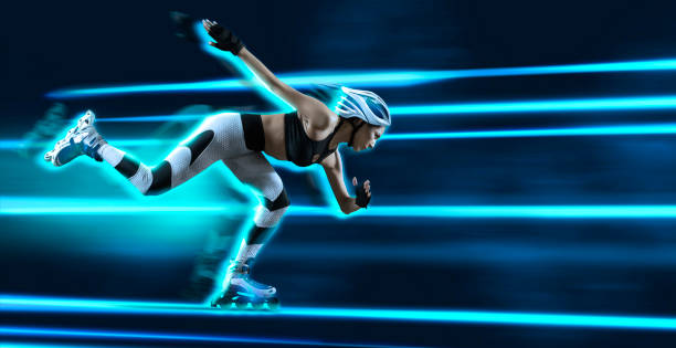 Professional sporty woman on rollerblades on neon background