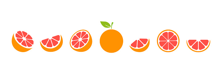 Grapefruit slices set. Whole, half and slice chopped grapefruit fruit collection. Citrus elements group. Vector illustration isolated on white background.