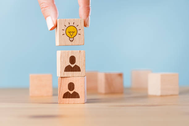 istock Woman hand picked wooden cube block with head human symbol and light bulb icon. Creative idea and innovation 1403292390