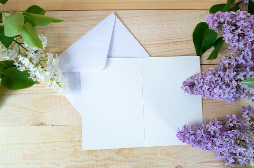 white and ourple lilac flower on wooden ground with white paper with space for text spring