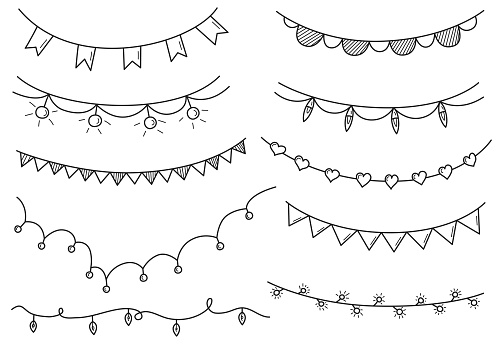 Doodle set of garlands. Hand drawn garlands with flags and light bulbs. Vector illustration.