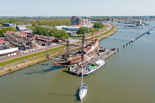 Aerial from an old dutch VOC ship in the harbor from Lelystad in the Netherlands