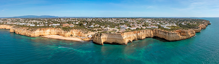 Aerial panorama from Praia do Vale de Centeanes in the Algarve Portugal
