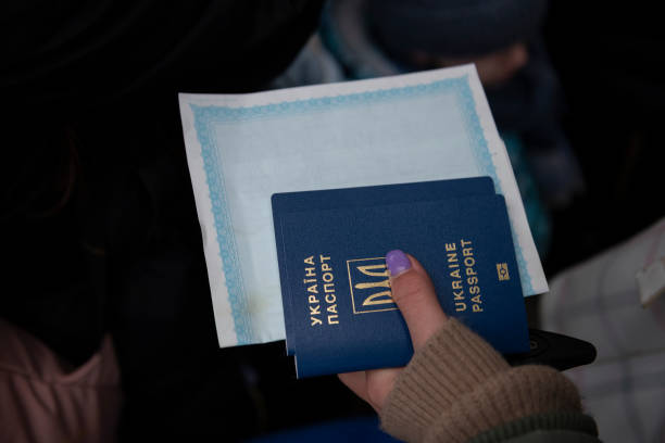 Woman holding Ukrainian passports and documents stock photo