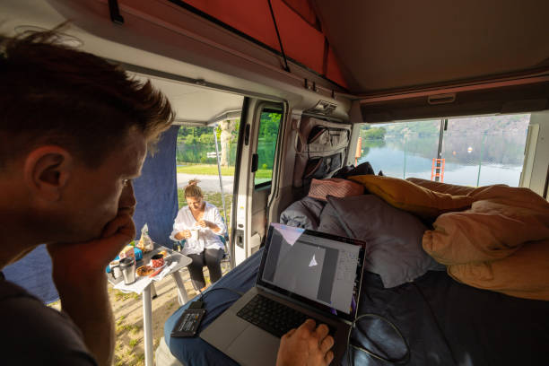 istock Man using laptop inside camper van while woman sitting on chair having breakfast 1403297333