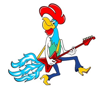 Cartoon rooster with a guitar. Cartoon cockerel defiantly performs music on the electric guitar. Funny cartoon rooster musician with a big red comb. Vector color illustration isolated on white.
