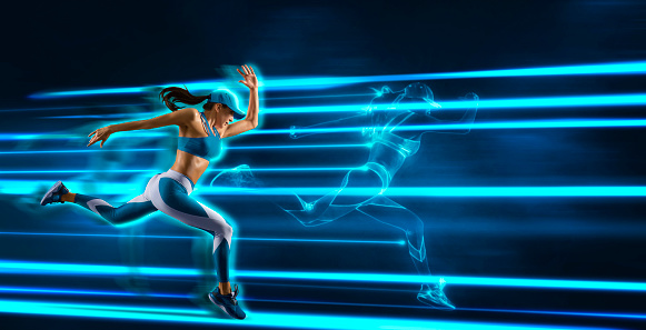 Sporty young woman running on blue neon background. Sport banner, flyer