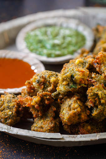Moong Dal Spicy Pakora with red and green chili sauce