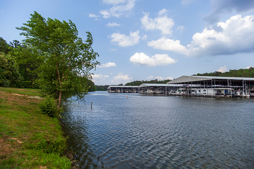 Boats docked at the Pickwick Landing State Park Marina on the Tennessee River.\