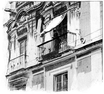 A woman on a balcony in Mexico City, Mexico State, Mexico. Vintage halftone etching circa 19th century.