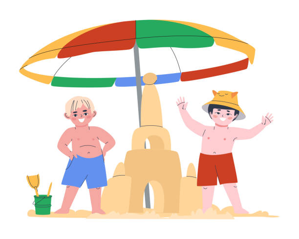 illustrations, cliparts, dessins animés et icônes de deux garçons sur la plage ont construit un grand château de sable. jouer sur la plage avec des enfants. temps de vacances. illustration plate. - outdoor chair beach chair umbrella