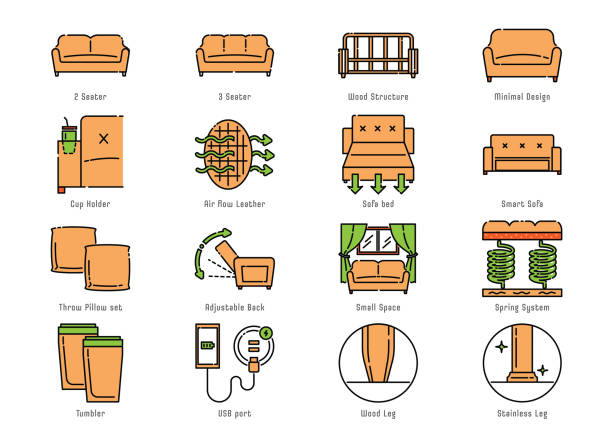 functional sofa icon set functional smart sofa icon set with benefits such as arm rest with cup holder design, small space, minimal design with throw pillow set. bed frame stock illustrations