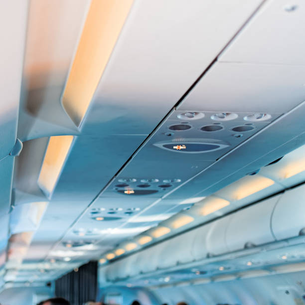 The sign "do not smoke" in the cabin of the plane in economy class. Smoking ban on flights. stock photo